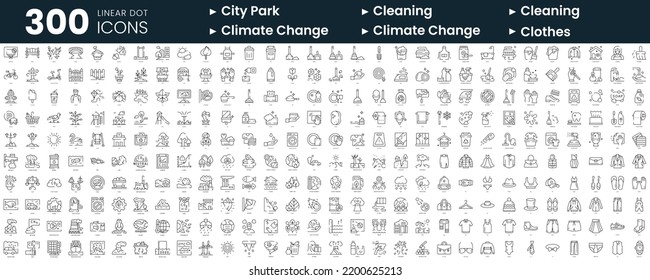 Set of 300 thin line icons set. In this bundle include city park, cleaning, climate change, clothes