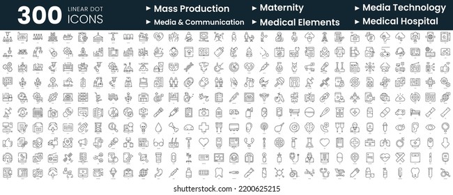 Set of 300 thin line icons set. In this bundle include mass production, maternity, media technology, media and communication, medical, medical hospital