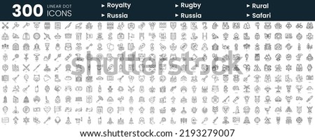 Set of 300 thin line icons set. In this bundle include royalty, rugby, rural, russia, safari