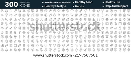 Set of 300 thin line icons set. In this bundle include healthcare and medical, healthy food, healthy life, healthy lifestyle, hearts, help and support