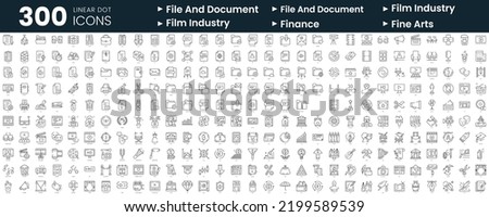 Set of 300 thin line icons set. In this bundle include file and document, film industry, finance, fine arts