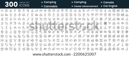 Set of 300 thin line icons set. In this bundle include camping, canada, cannabis, car engine, car garage