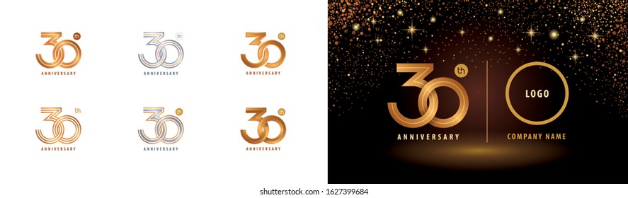 Set of 30th Anniversary logotype design, Thirty years Celebrating Anniversary Logo silver and golden for celebration event, invitation, greeting, Infinity loop logo,Abstract circle weave,booklet,flyer
