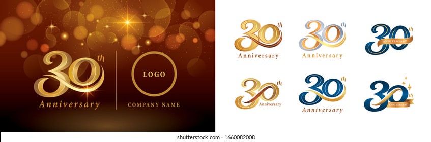 Set of 30th Anniversary logotype design, Thirty years Celebrate Anniversary Logo silver and golden, Vintage and Retro Script Number Letters, Elegant Classic Logo for Congratulation celebration event