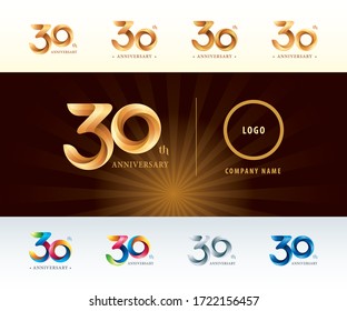 Set of 30th Anniversary logotype design, Thirty years celebration Anniversary Logo silver and golden, Origami stylized Number Letters, Twist Ribbons Logo for event, invitation, greeting,Party, Fashion