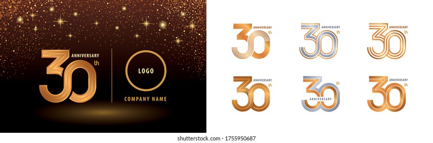 Set of 30th Anniversary logotype design, Thirty years anniversary celebration. Infinity Logo silver and golden for celebration event, invitation, greeting, web template, flyer and booklet