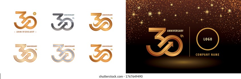 Set of 30th Anniversary logotype design, Thirty years anniversary celebration. Number 30  Logo silver and golden for celebration event, invitation, greeting, Arrow Infinity logo, template, flyer, book