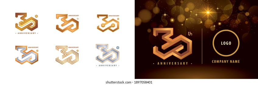 Set of 30th Anniversary logotype design, Thirty years anniversary celebration. Hexagon Infinity logo, 30 Years Celebrating Anniversary Logo silver and golden for celebration event, invitation.