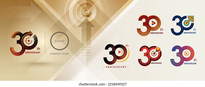 Set of 30th Anniversary logotype design, Thirty years Celebrating Anniversary Logo multiple line for celebration event, invitation, Play Arrow, Target Sign logo, Molecule, Growth to Success Concept