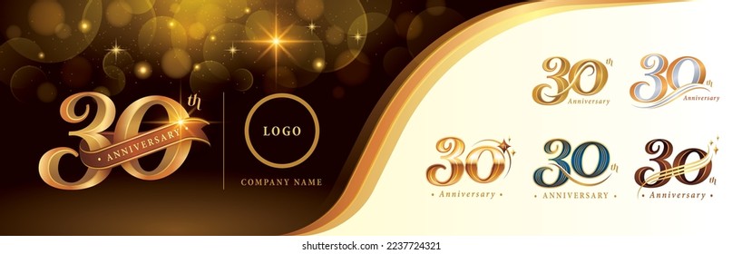 Juego de 30 Aniversario de diseño de logotipo, Celebración del 30 Aniversario Logo, Dorado Luxury y Retro Serif Número 30 Cartas, Elegante Logo Clásico para la celebración de la Felicitación, saludo