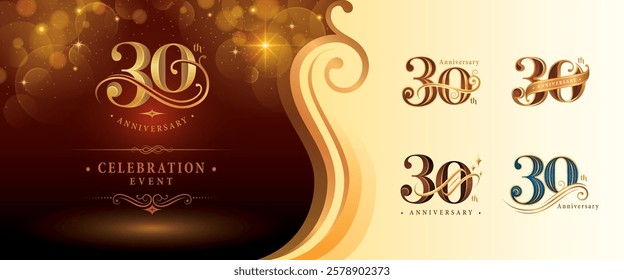 Set of 30th Anniversary logotype design, Thirty years Anniversary Logo, Elegant Classic Logo, Luxury Vintage and retro Serif Number 30, Celebrating Anniversary Logo for Congratulation event invitation