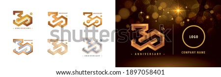 Set of 30th Anniversary logotype design, Thirty years anniversary celebration. Hexagon Infinity logo, 30 Years Celebrating Anniversary Logo silver and golden for celebration event, invitation.