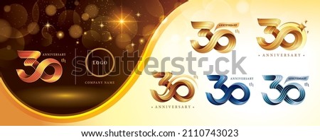 Set of 30th Anniversary logotype design, Thirty years anniversary celebration Logo. Twist Infinity multiple line golden for celebration event, invitation, greeting, 30 year Infinity loop logo,