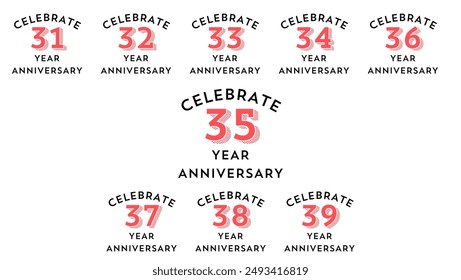 set of 31 to 39th anniversary logotype design, with colorful fireworks for celebration event, wedding, and birthday