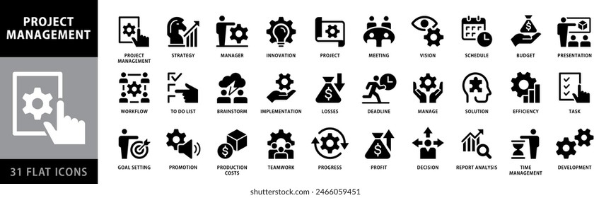 Satz von 31 Projektmanagement-Web-Icons im Linienstil. Zeitplan, Personal, Management, Entwicklung, Planung, Strategie, Kollektion. Vektorillustration