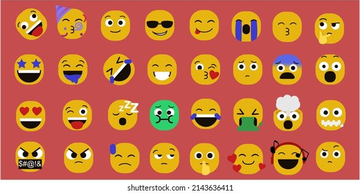 Con 31 simples caras sonrientes de diseño, 31 caras sonrientes con emociones variadas. Sonrisas, tristeza, rabia, sorpresa, felicidad, sueño, entre otros tipos de emociones, y con un fondo rojo claro