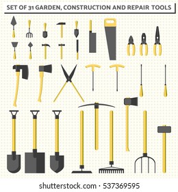 set of 31 simple vector garden, construction and repair tool
