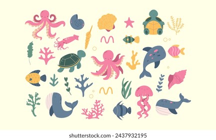 Set of 31 vector hand drawn vector elements sea and ocean flora and fauna