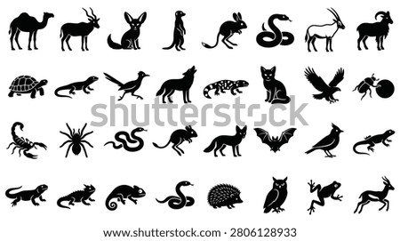 Set of 32 black desert animal silhouettes including camel, lizard, snake, scorpion, fox, and eagle. Minimalist vector icons isolated on white background for graphic design elements.