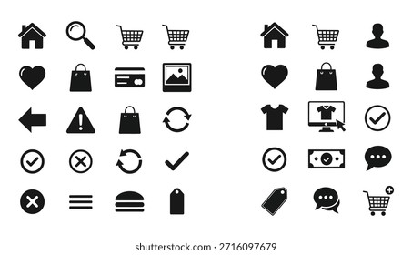 Un conjunto de 32 iconos negros sobre un fondo blanco, con varios símbolos para el comercio electrónico, la navegación y la comunicación.