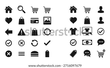 A set of 32 black icons on a white background, featuring various symbols for e-commerce, navigation, and communication.