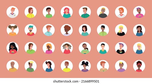 Conjunto de 32 avatares en círculos con los rostros de los jóvenes. Imagen de diferentes razas y nacionalidades, mujeres y hombres. Conjunto de iconos de perfil de usuario. Bandas redondas con gente feliz - Vector