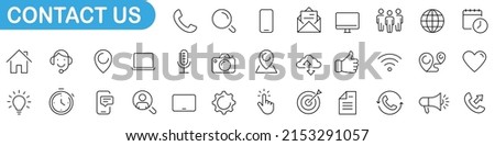 Set of 32 Contact Us icons. Big UI icon set. Thin outline icons pack. Chat, support, message, phone, globe, point, chat, call. Vector illustration.