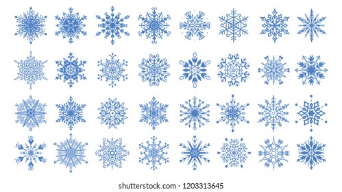 Set of 32 decorative blue snowflakes. Snowflakes icon. Vector illustration.