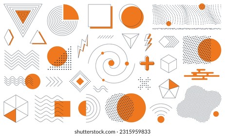 Satz von 32 geometrischen Formen. Memphis-Design-Elemente, abstrakte geometrische Linien grafische Formen. Element Einzelne Vektorgrafik
