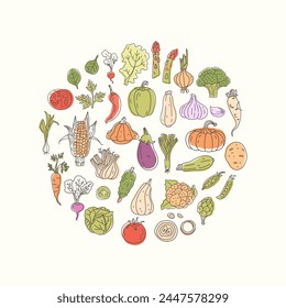 Set of 32 hand drawn vegetable outline icons with color fill