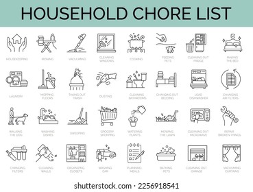 Set of 32 icons ralated to household chore list. Housework, housekeeping. Editable stroke icons collection. Vector illustration