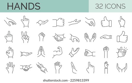 Conjunto de 32 iconos de línea de manos que muestran diferentes gestos. Trazo editable. Ilustración del vector