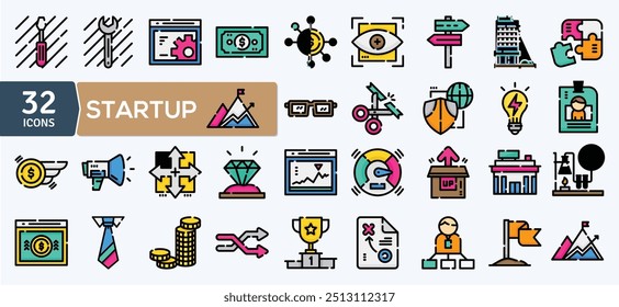 Set of 32 line icons related to project, startup, management, business. Editable stroke. Outline icon collection. Vector illustration