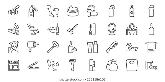 set of 32 line web icons related cosmetics. Spa treatments, beauty. Laser hair Collection of Outline Icons. Vector illustration.