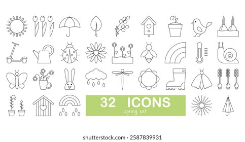 Set of 32 linear icons related to spring. Collection of outline icons. Vector illustration, white background.