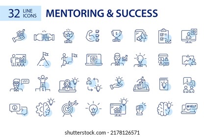 Set of 32 mentoring, coaching and success strategies line art icons. Pixel perfect, editable stroke