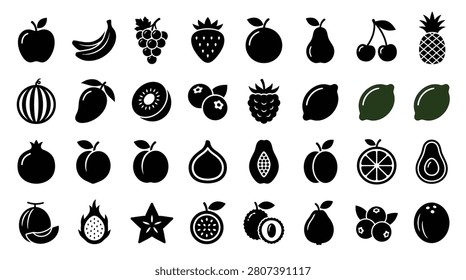Set of 32 minimalist flat black and dark green fruit icons isolated on white background, featuring apple, banana, strawberry, pineapple, watermelon, avocado, and berry silhouettes.