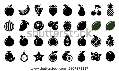Set of 32 minimalist flat black and dark green fruit icons isolated on white background, featuring apple, banana, strawberry, pineapple, watermelon, avocado, and berry silhouettes.