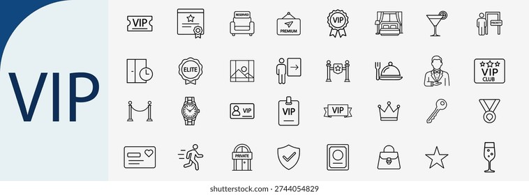 Set of 32 minimalist outline VIP and premium service icons for luxury club membership and elite event management interface design
