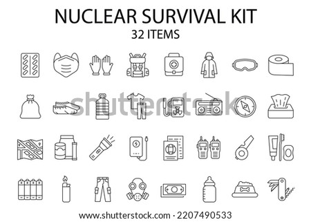 Set of 32 nuclear survival kit icons. Surviving, war, emergency, aid, backpack,  disasters. collection of line icons. Editable stroke