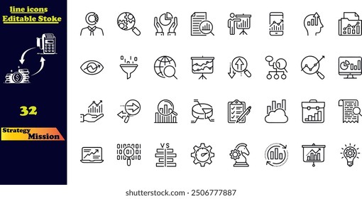 Conjunto de 32 iconos de esquema relacionados con Estrategia y Misión .