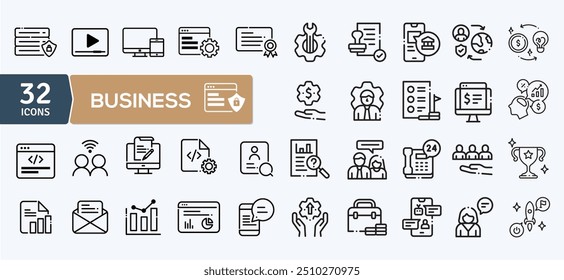 Set of 32 outline icons related to business. Linear icon collection. Editable stroke. Vector illustration