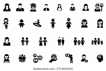 Um conjunto de 32 ícones simples em preto e branco que retratam várias figuras e símbolos humanos, incluindo ocupações, pessoas e ações.