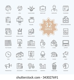 Set of 32 thin, lines, outline office items icons. Icon set, office icons, business icon set, icons, office, business icons, web icon set, business and finance, office and business. Interface icon