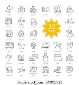 Set of 32 thin, lines, outline travel items icons. Interface icon. Travel, icons, hotel icon, transportation icons, travel logo, holiday icons, map icon. Travel line icons for web and mobile. 