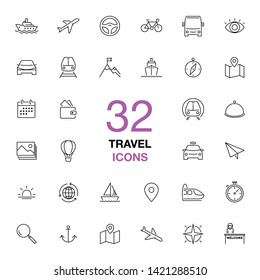 Set of 32 travel icons isolated on a white background, thin line style, vector illustration - Vector 