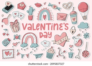 Set of 32 Valentine's day stickers with white edge isolated on pink background. Good for posters, cards, prints, tags, signs, clipart, etc. EPS 10