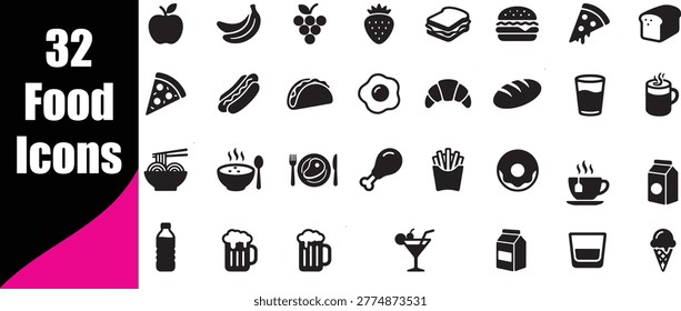 Set of 32 vector icons representing food and drink. Includes fruits, sandwiches, burgers, pizza, hot dogs, noodles, coffee, and milk for culinary themes.