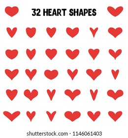 Set of 32 vector shapes of red heart in flat style