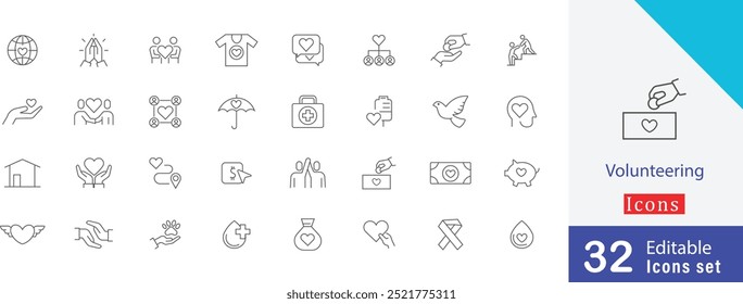 Set of 32  Volunteering line icons set.